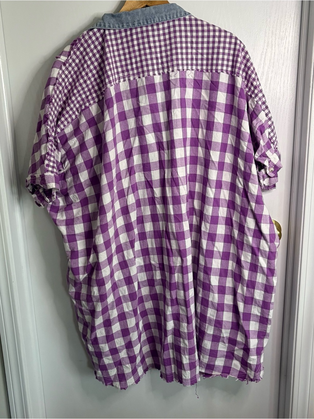 White Birch 2X Gingham Denim Patchwork Cotton Short Sleeve Tunic Boho Lagenlook - Picture 3 of 9